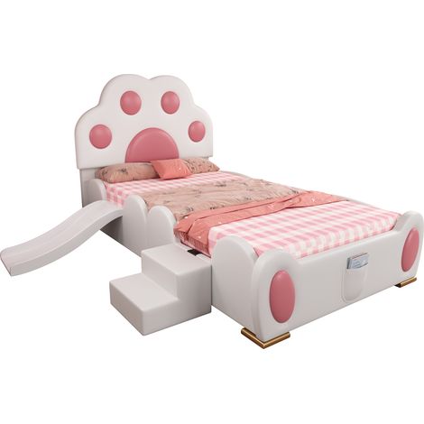 Letto Singolo Bambini 90 x 200 cm in PU con Testiera a Zampa di Gatto, Scivolo e Scala, senza Materasso (1/5)