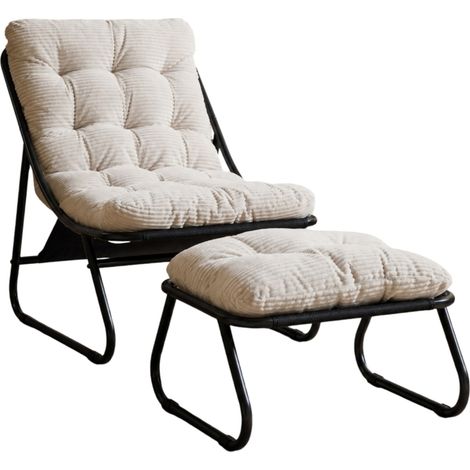 Sillón lounge de exterior con otomana, acero negro y cojín blanco, 65 x 78 x 86 cm (1/5)