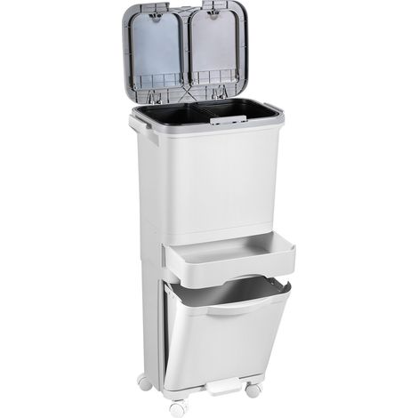 Wolketon Platzsparendes Mülltrennsystem 42 L, vertikaler Küchenabfalleimer mit 3 Fächern, Drucköffnung, Pedal, Aufbewahrungsfach und mobilen Rollen, Weiß (1/5)
