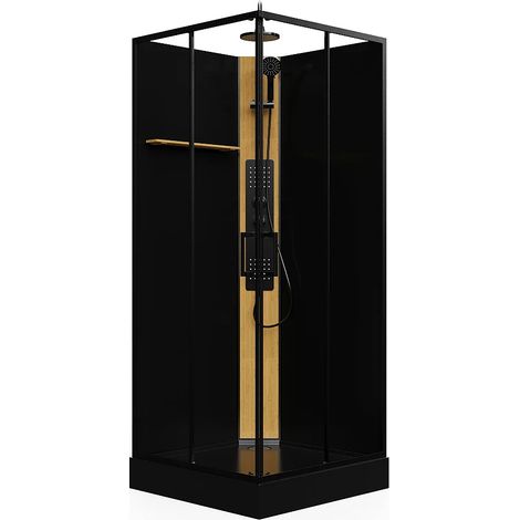 Vente-Unique – Cabine de douche hydromassante carrée – Panneau en bambou noir – 50 jets massants – Dimensions L90 x l90 x H225 cm (1/5)