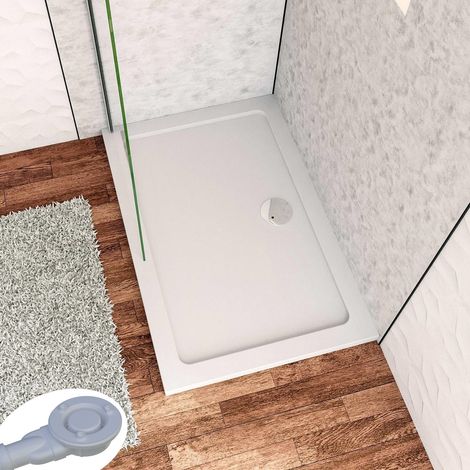 Receveur de douche à l'italien 150x70cm H.3cm, blanc, rectangulaire, avec une bonde H.55mm Design ultra-mince, Bac à douche extra-plat en résine