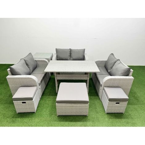 Fimous 9 Seater PE Wicker Rattan Furniture Sofa Sets with Rectangular Dining Table 2 Seater Love Sofa 3 Stool Side Table Light Grey (1/4)