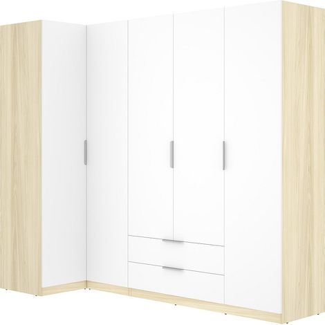 Armadio angolare 5 ante 2 cassetti L234cm Bianco e naturale chiaro - KALONY (1/3)
