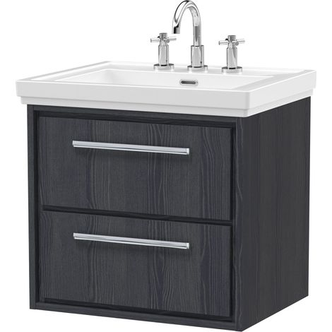 Longnor 2 Drawer Wall Hung Vanity Unit with 3 Tap Hole Traditional Fireclay Basin, Woodgrain Graphite Grey, 600mm