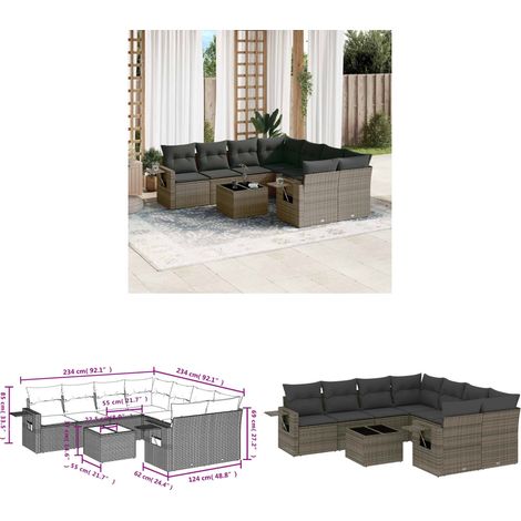 Salon de jardin 9 pcs avec coussins gris résine tressée - Ensemble Salon De Jardin - Meuble Extérieur - Résine Tressée - Rotin Synthétique - Mobilier De Jardin - Home & Living (1/3)