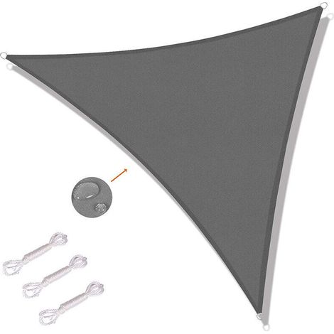 Voile d'ombrage triangulaire 5 x 5 x 5m – Toile imperméable – Protection UV – Installation sécurisée avec cordes – Gris