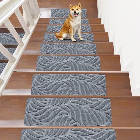 Tapis d'escalier antidérapant - Lot de 15 pièces - 55 × 19 cm - Autocollant - Usage intérieur - Découpable et réutilisable - Protection des animaux, des personnes âgées et des enfants - Gris clair (1/5)