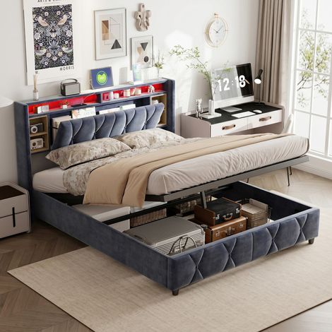 Lit coffre 160x200 cm, lit double avec sommier, tête de lit rangement avec led et usb, cadre métal, velours gris (1/5)