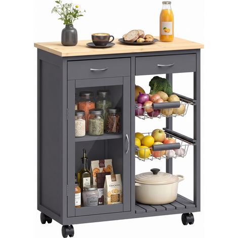 HOMCOM Bamboo Kitchen Island with Glass Door, 2 Metal Wire Baskets, Grey (1/5)
