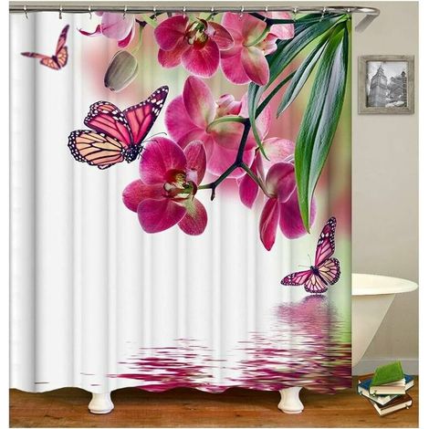 Rideau Douche Blanc avec Crochet Rideau Douche Bambou Fleuri Rose,Grand Rideau Douche Anti-Moisissure Polyester Rideau De Douche 180 x 200 CM, Ensoleillé (1/5)