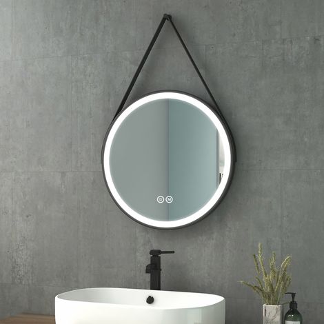 Heilmetz Miroir de salle de Bain rond LED Monture Noire et Bandoulière Réglable avec Interrupteur Tactile et 3 Couleurs Lumière Ø50 cm (1/5)