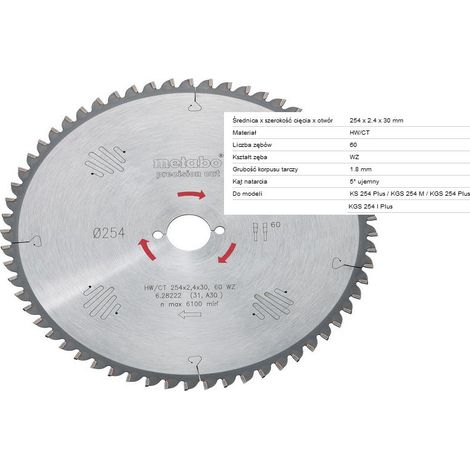 Metabo 628222000 628222000-Hoja de Sierra HW/CT 254 x 2.4/1.8 x 30 Dtes = 60 W 5º NEG, Negro