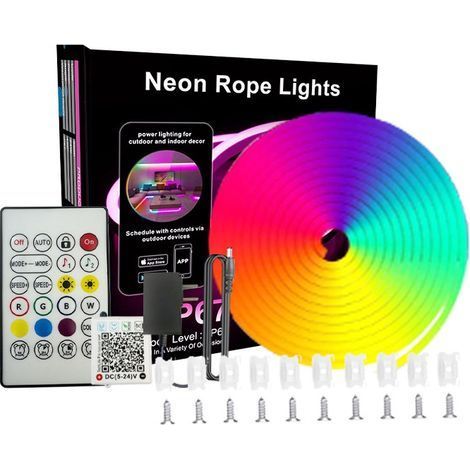 Bande LED néon RGB 30 m - Prise UE, silicone flexible, télécommande/Bluetooth