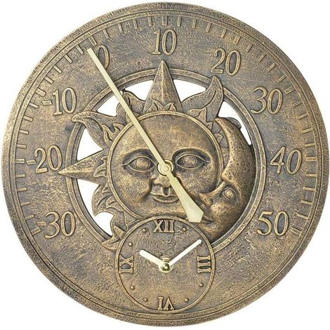 Horloge thermomètre d'extérieur, horloge murale vintage, horloge à suspendre rétro, motif soleil et lune, étanche pour piscine extérieure ou intérieure, clôture ou terrasse. (1/4)