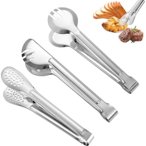 Set di 3 pinze da cucina, pinze da cucina in acciaio inox, pinze da cucina multifunzionali, pinze per pasta, pinze per insalata, pinze per griglia, pinze per alimenti, 24 cm, argento (1/5)