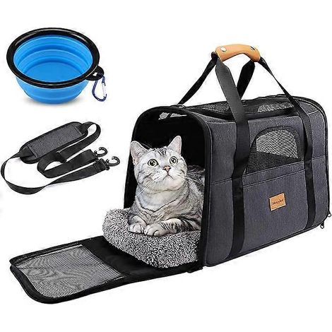 Sac de transport pour chat, sac de transport pliable et respirant pour chien, boîte de transport pour chat avec bandoulière réglable, cage de transport pour chat avec matelas en peluche amovible + B (1/5)