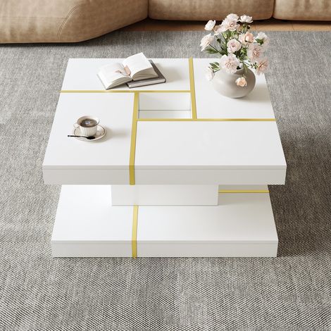Table basse carrée deux niveaux aggloméré, finitions métal doré, découpe centrale, meuble salon 80x80x38 cm, blanc (1/5)