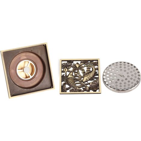 Siphon de Sol, Siphon de Sol carré en Laiton Antique pour Salle de Bain et Douche avec Crépine de Style Européen pour Toilettes, Lavabo de Salle de Bain et Crépine de Vidange de (1/5)