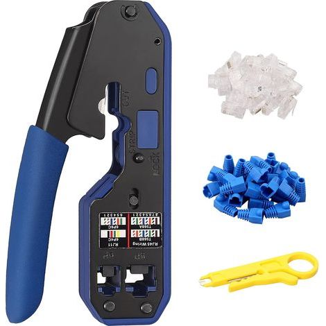 Pince à sertir Proster RJ45 Cat5 Cat5e Cat6 Cat6a RJ-11, 6P/RJ-12, 8P/RJ-45 avec 50 connecteurs 50 couvercles 1 pince à dénuder les fils Bornes pour câble réseau (1/5)