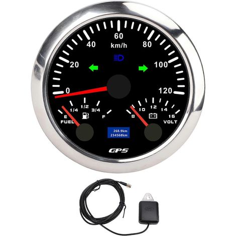 Compteur GPS 85mm 3-3/8in avec Voltmètre, Jauge de Carburant et Clignotants – Triple Affichage 120 km/h pour Camping-car, Bateau, Camion – Rétroéclairage 7 Couleurs (1/5)