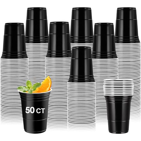 Packung mit 50 schwarzen Partybechern, 473 ml (16 oz) Plastikbecher, wiederverwendbare und robuste Partybecher, festliche Partybecher für Weihnachten, Partys, Geburtstage, Festivals, Hochzeiten, Campi (1/5)