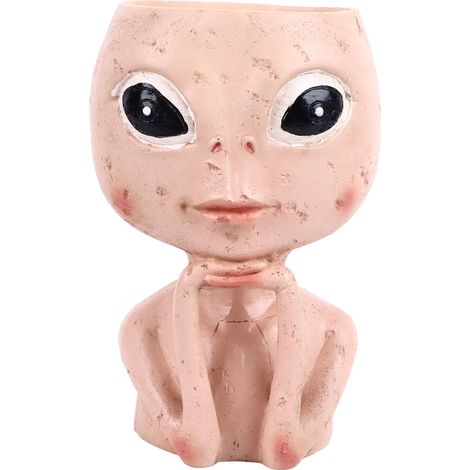 Tête de jardinière en résine, Pot de fleur succulente unique, yeux ouverts, visage extraterrestre, ornement de bureau avec trou de drainage pour décoration intérieure et extérieure
