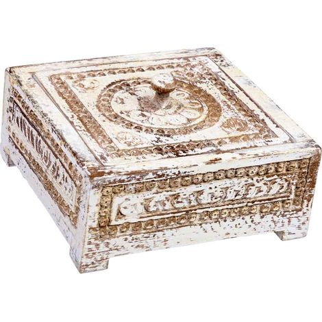 Caja de madera tallada acabado artesanal envejecido blanco 19x19x10h cm