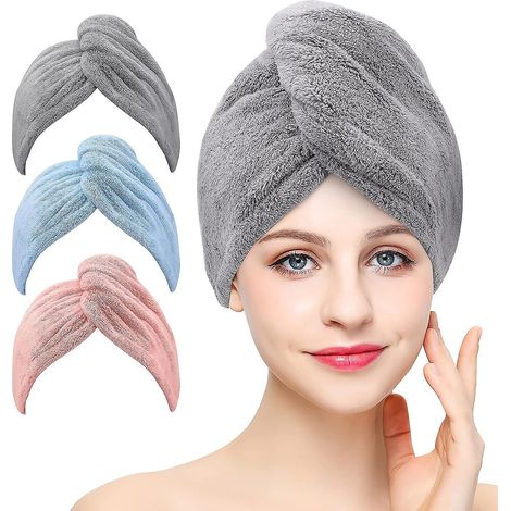 lot De 3 Serviettes De Schage En Microfibre Super Absorbantes Avec Boutons Pour Cheveux Secs (gris, Rose, Bleu) (1/5)