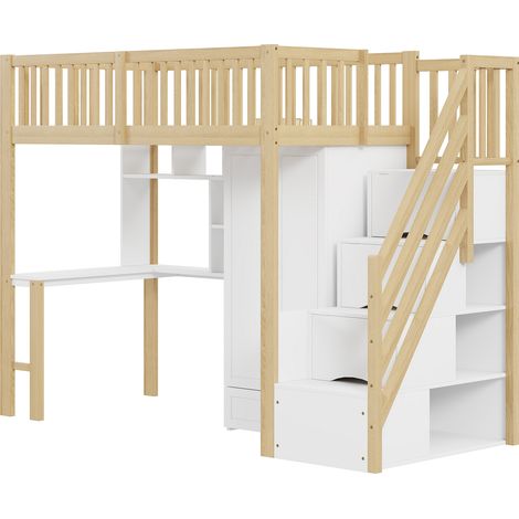 Hochbett 90 x 200 mit Kleiderschrank, Schreibtisch, Regal und Stauraumtreppe MODENUIT (1/5)