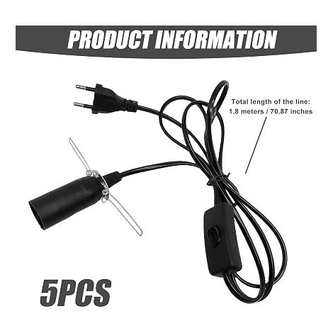 Switch Cable for E14 Salt Lamps: Socket 6ft Long and EU Plug for Living Room Bedroom Office (Black) (1/4)