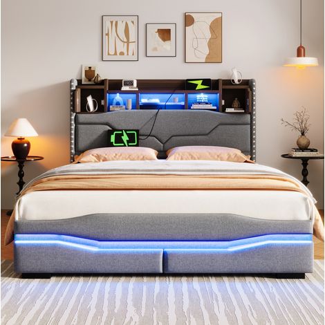 Letto contenitore 140x200 cm, con sollevamento idraulico, USB e LED, testiera con vano, grigio, senza materasso (1/5)