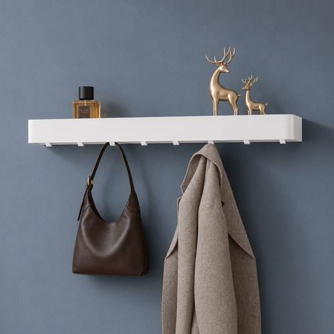 doporro Wandgarderobe mit Ablage, Garderobenleiste 80 cm mit 8 Garderobenhaken, Kleiderhaken Wand ohne Bohren oder mit Bohren Jackenaufhänger für Flur, Bad & Küche, Garderobe Weiß Reglo-05 (1/5)