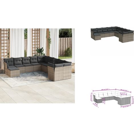 11-tlg. Garten-Sofagarnitur mit Kissen Grau Poly Rattan - Gartensortiment - Outdoor Möbel - Lounge Set - Gartenlounge - Rattan Sofa (1/3)