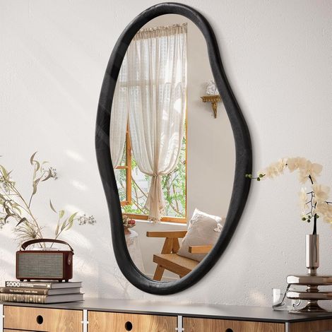 Miroir mural asymétrique en bois noir 85 x 55 cm - Grand miroir décoratif pour salle de bain, dressing, salon (1/5)