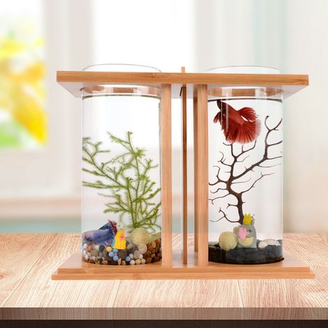 Tanque de vidrio para peces Betta Base de bambú Mini acuario Decoración de escritorio pecera