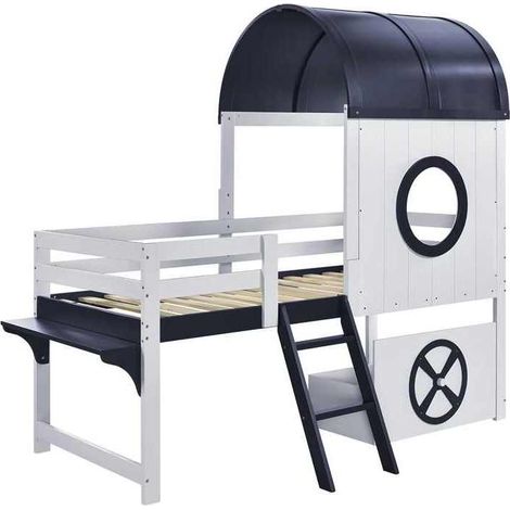 Halbhohes Hausbett 90x200 cm Holz MDF Sperrholz Weiß Blau MODENUIT (1/5)