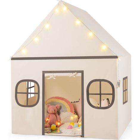 Tente de jeu beige en polyester avec rideau, fenêtres respirantes et lumières étoilées, pour chambre, salle de jeux et crèche (1/5)