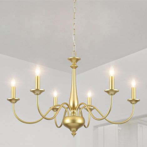 Lustre doré à 6 ampoules - Moderne - Lampe de salon suspendue - Culot E14 - En métal - Vintage - Pour salle à manger, chambre à coucher, cuisine, couloir (1/5)