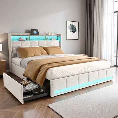 Lit 140x190 cm, 6YTT, USB et Type-C, RGB LED, Scandinave, lit adulte, cadre de lit double 140x190 cm, Lin, beige
