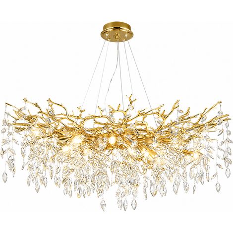 Lustre XXL en cristal K9 160 cm – Suspension dorée style branches et feuilles – Hauteur réglable jusqu’à 120 cm – Compatible ampoules E14