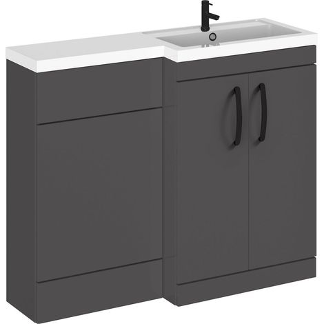 Balterley Right-Hand Bathroom Vanity and WC Unit Combination with Basin - 1100mm - Gloss Grey with Black Handles (1/5)