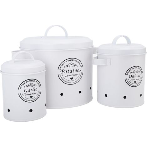 Lot de 3 boîtes de rangement pour pommes de terre et oignons, en acier au carbone, style ferme, blanches. (1/5)