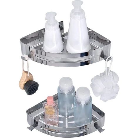 2Packs Colle Étagère de Salle de Bain sans Perçage, Panier de Douche en aluminium Acier Inoxydable 304, Panier de Rangement D'organisateur de Douche pour Shampooing (d'angle) (1/4)