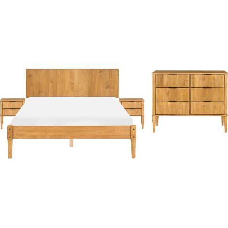 Bedroom Set Light Brown Pine Wood EU Double Size 4ft6 Bed 2 Nightstands Chest of 6 Drawers Scandinavian Style AMBAZAC (1/5)