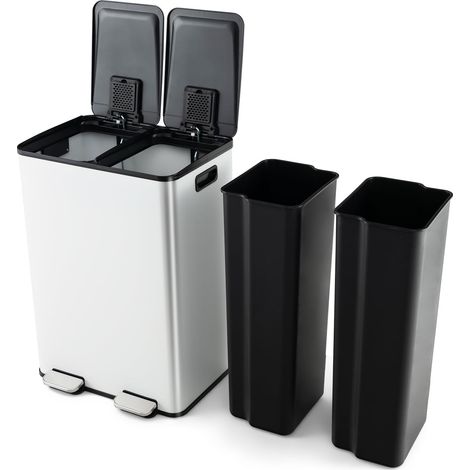 Poubelle double en acier inoxydable - 2 x 30 l - Anti-odeurs - Avec couvercle à fermeture douce - En acier inoxydable et plastique - Blanc (1/5)