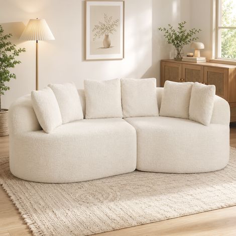 Canapé 3 Places Incurvé en Chenille 188 cm, Canapé Salon avec Assise Profonde, 6 Coussins, Rembourrage Épais, Crème (1/5)