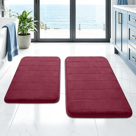 Lot de 2 tapis de bain en mousse à mémoire de forme, antidérapants et absorbants, lavables, doux et à séchage rapide, tapis de salle de bain pour douche, WC et baignoire, bordeaux (1/5)