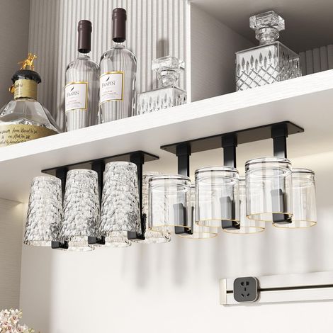 Support verre a pied suspendu, Noir,lot de 2 porte verres à vin, sans perçage, installation sous armoire, pour salle à manger, cuisine et bar