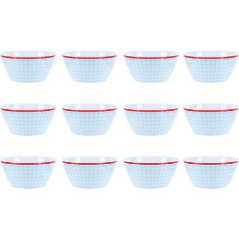 12 Pièces Bols à Salade 6 Pouces, Vaisselle de Service Imitation Porcelaine, Motif Quadrillé Bleu Clair
