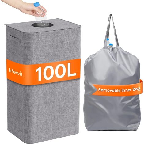Panier à linge gris 100 L avec couvercle compartimenté et sac amovible (1/5)